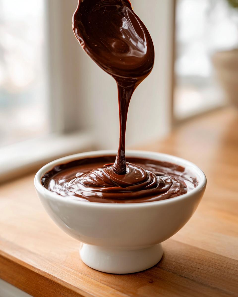 A spoon pours glossy, melted chocolate into a white bowl, creating rich swirls for chocolate fondue.