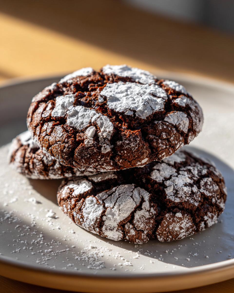 Close-up of three rich, dark chocolate crinkle cookies generously dusted with powdered sugar on a light plate.
