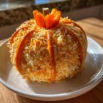 A festive pumpkin cheese ball appetizer covered in shredded orange and white cheese, decorated with pretzel sticks for ribs and pepper pieces for the stem.