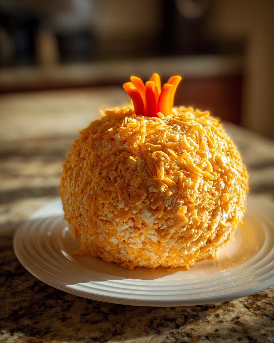A festive pumpkin cheese ball appetizer, coated in shredded orange and white cheese, topped with carrot pieces for a stem.