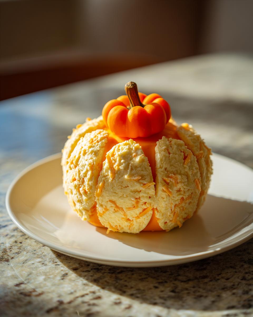 A finished pumpkin cheese ball shaped like a pumpkin, coated in cheese shreds, sitting on a white plate.
