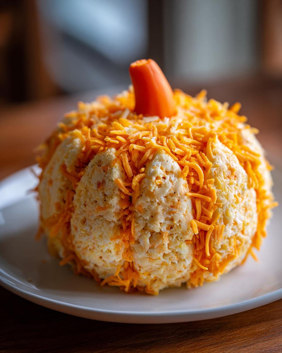 A festive pumpkin cheese ball appetizer shaped like a small pumpkin, covered in shredded orange cheddar cheese.