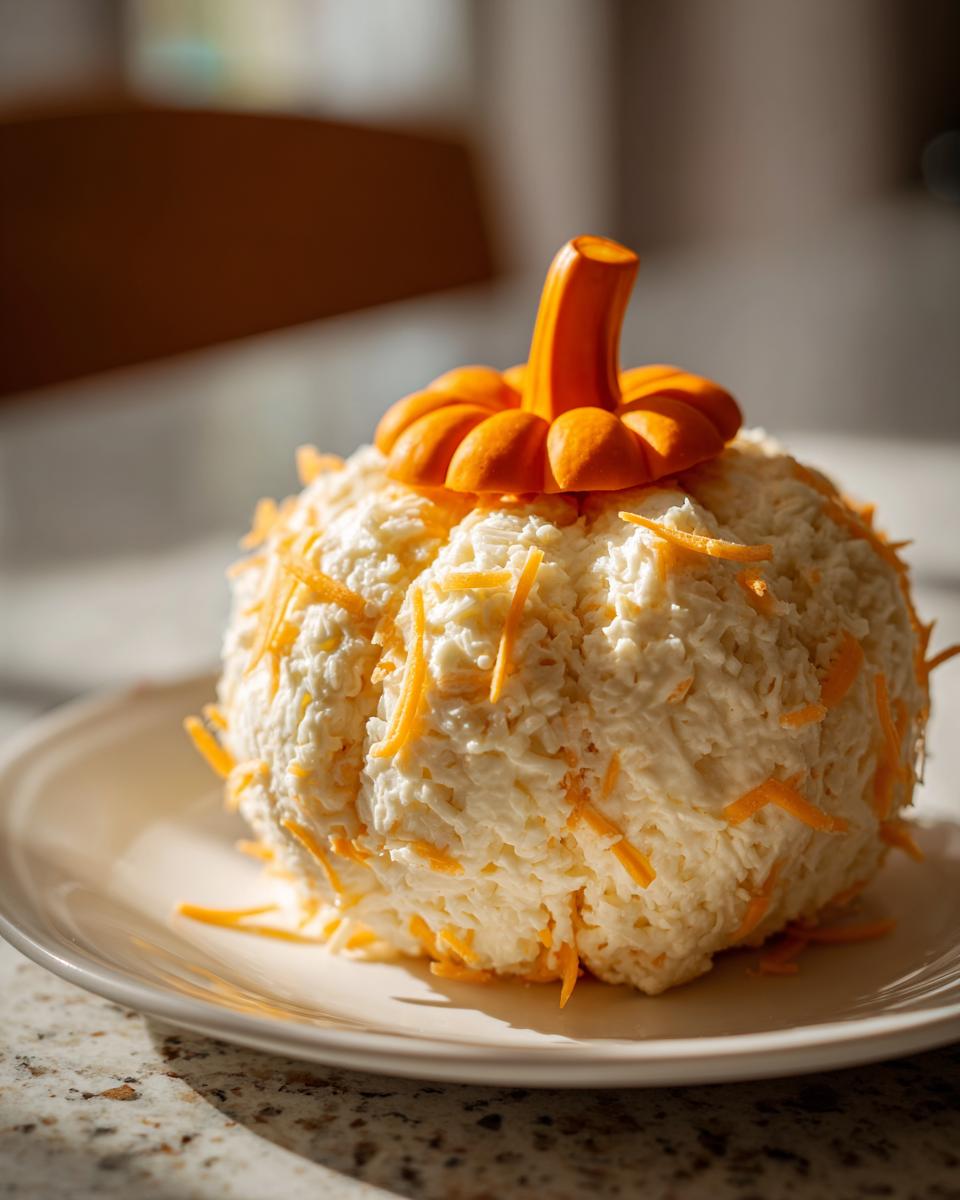 A white, round pumpkin cheese ball coated in shredded white cheese and topped with an orange pumpkin stem.