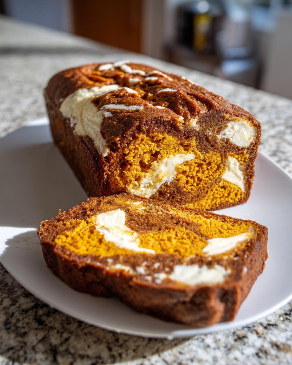 A loaf of pumpkin cream cheese bread with a slice cut, showing the bright orange pumpkin swirl and cream cheese filling.