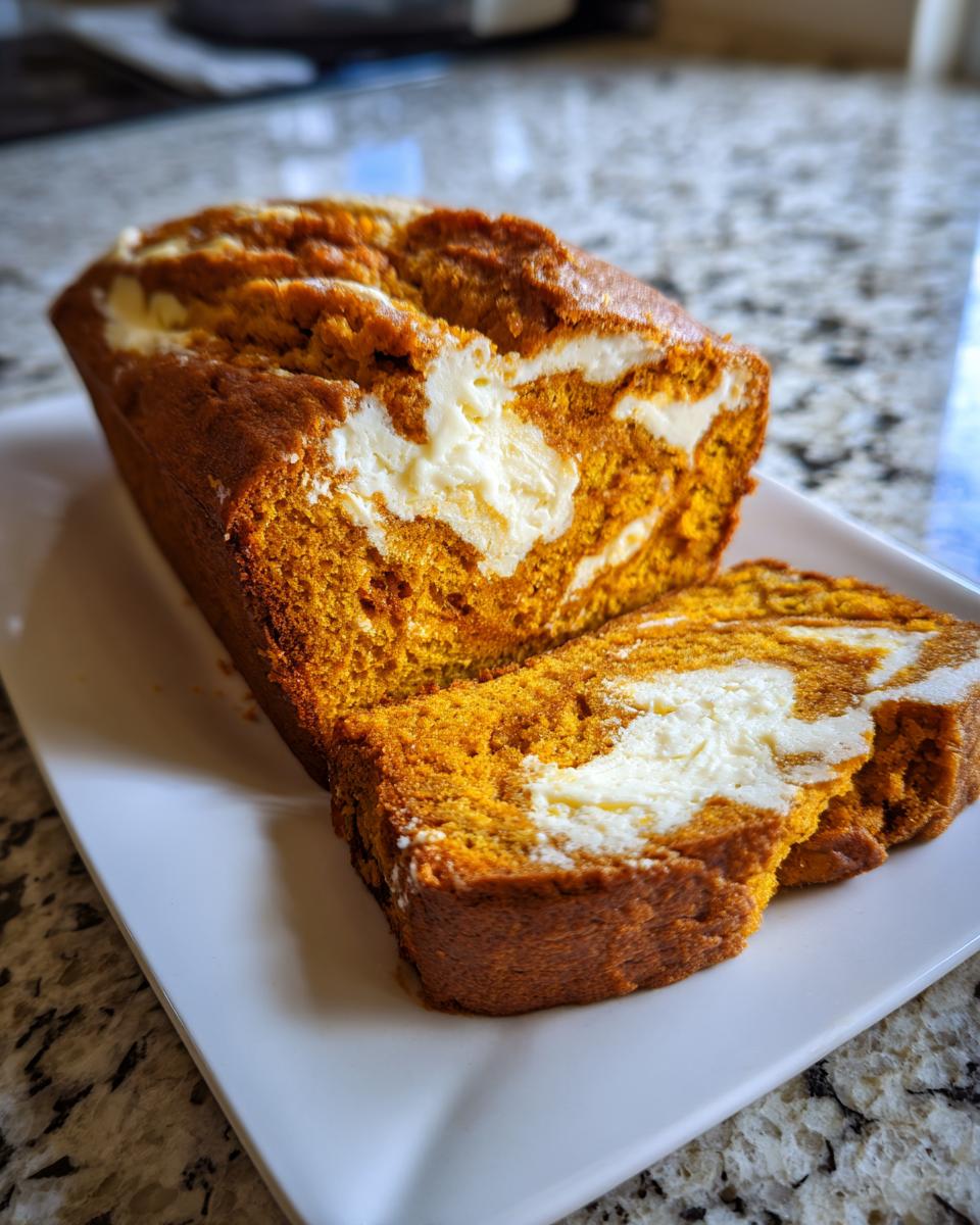 A freshly baked loaf of pumpkin cream cheese bread, partially sliced, showing the orange pumpkin swirl and white cream cheese filling.