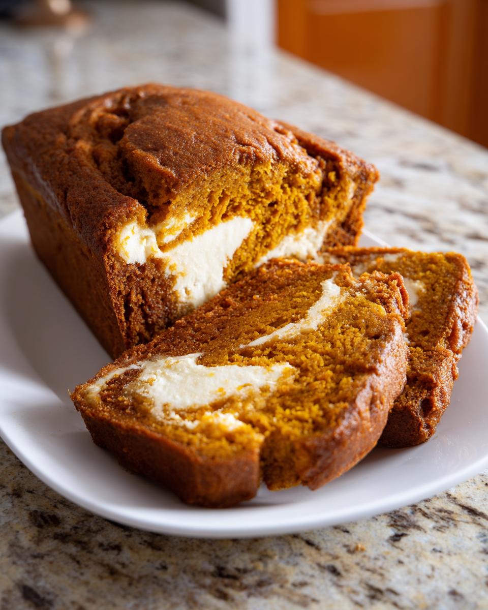 A loaf of moist pumpkin cream cheese bread, partially sliced, showing the rich orange color and white cream cheese swirl.