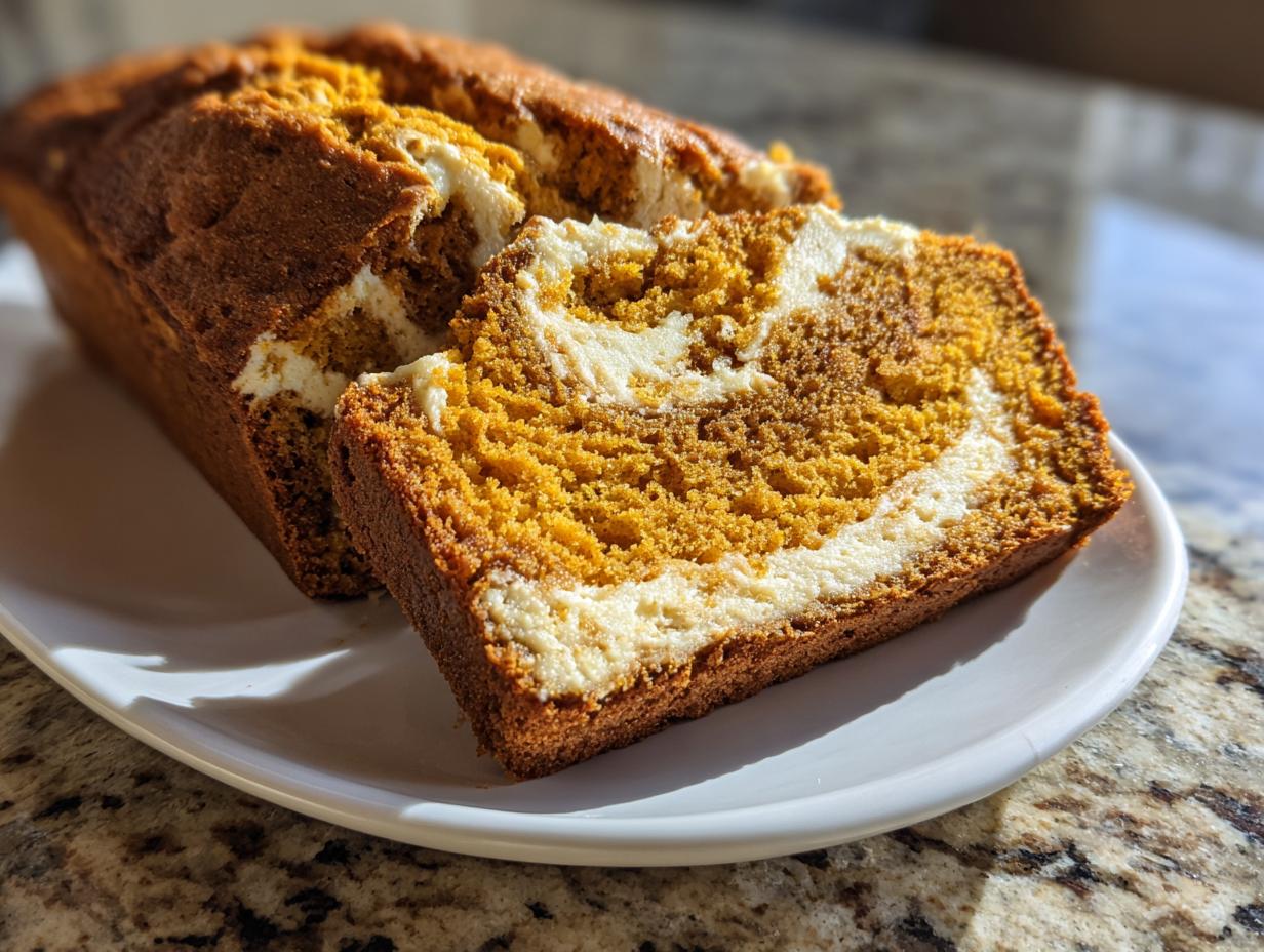 A freshly baked loaf of pumpkin cream cheese bread, partially sliced to show the orange pumpkin swirl and white cream cheese filling.