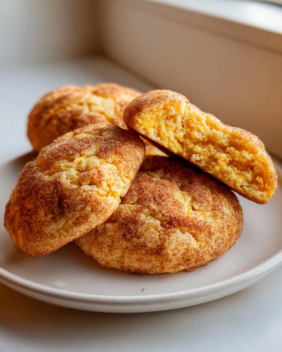 Close-up of soft pumpkin snickerdoodle cookies coated in cinnamon sugar, one cookie broken open to show the interior.