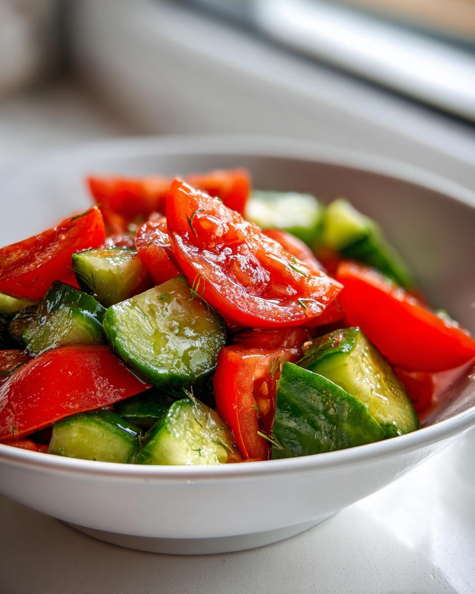 Close-up of a vibrant cucumber tomato salad with visible dill seasoning in a white bowl.