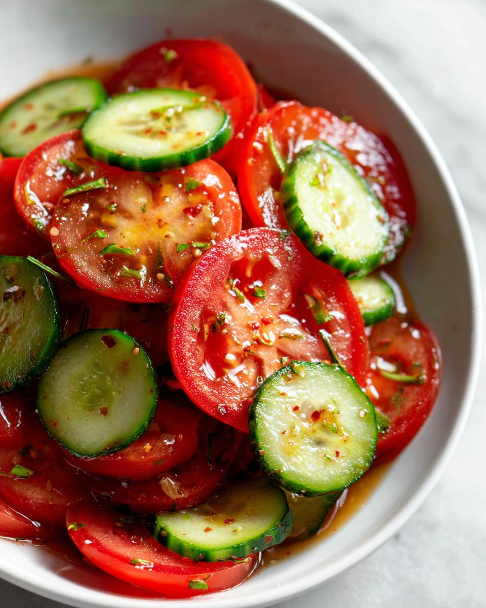 Close-up of a vibrant cucumber tomato salad with sliced tomatoes and cucumbers tossed in a light dressing.