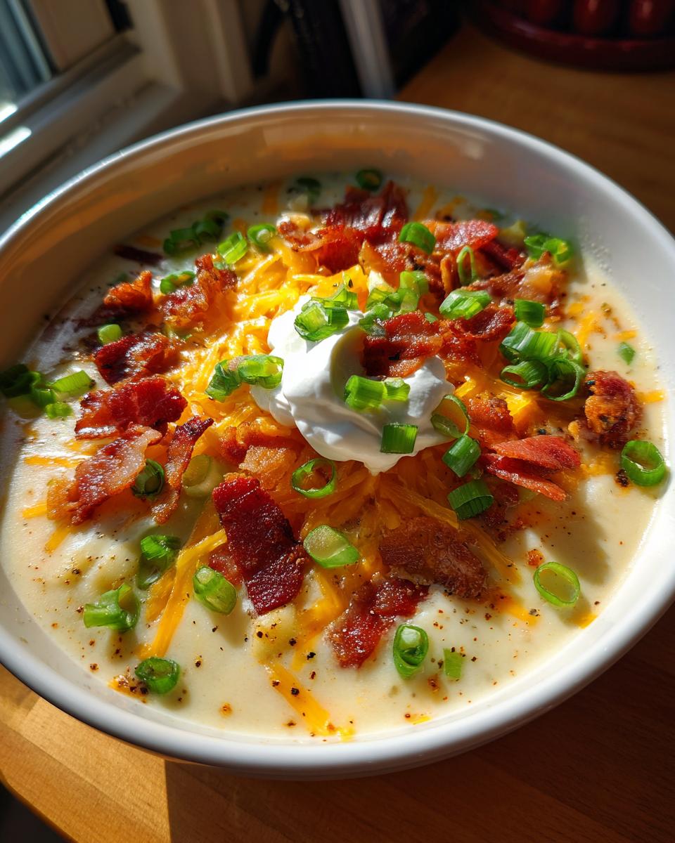 A close-up of a creamy bowl of potato soup recipe topped with shredded cheese, bacon bits, sour cream, and green onions.
