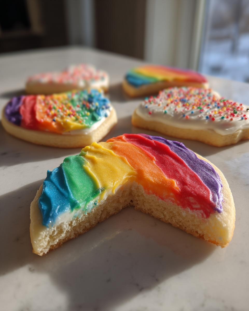 Close-up of a sugar cookie with rainbow cookie icing, showing a bite taken out to reveal the soft interior.
