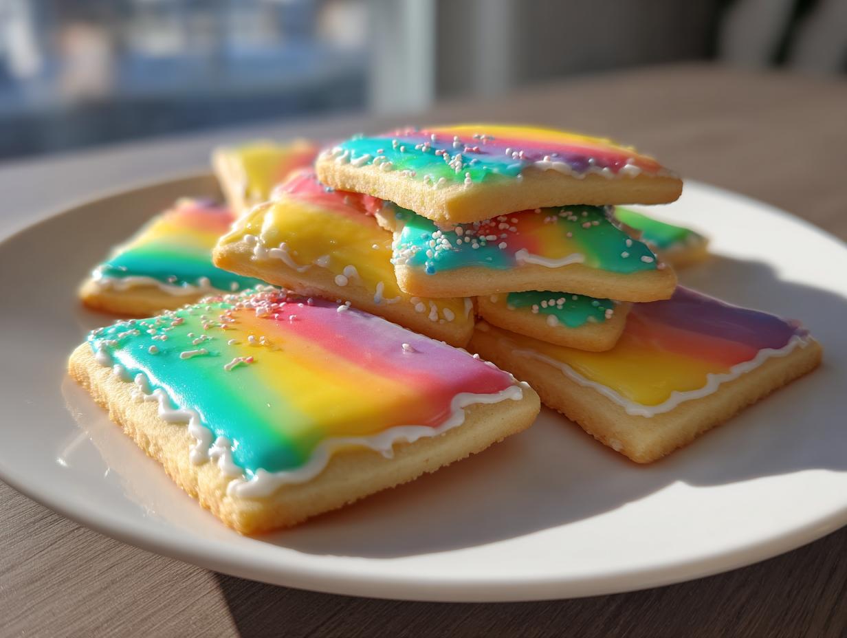 Stack of square sugar cookies decorated with vibrant rainbow sugar cookie icing that hardens, topped with sprinkles.