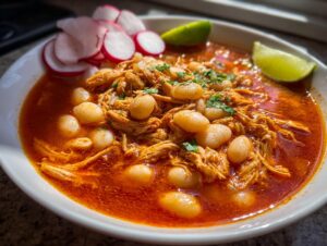 A close-up of a rich red broth chicken pozole featuring shredded chicken, hominy, and garnished with radishes and lime wedges.