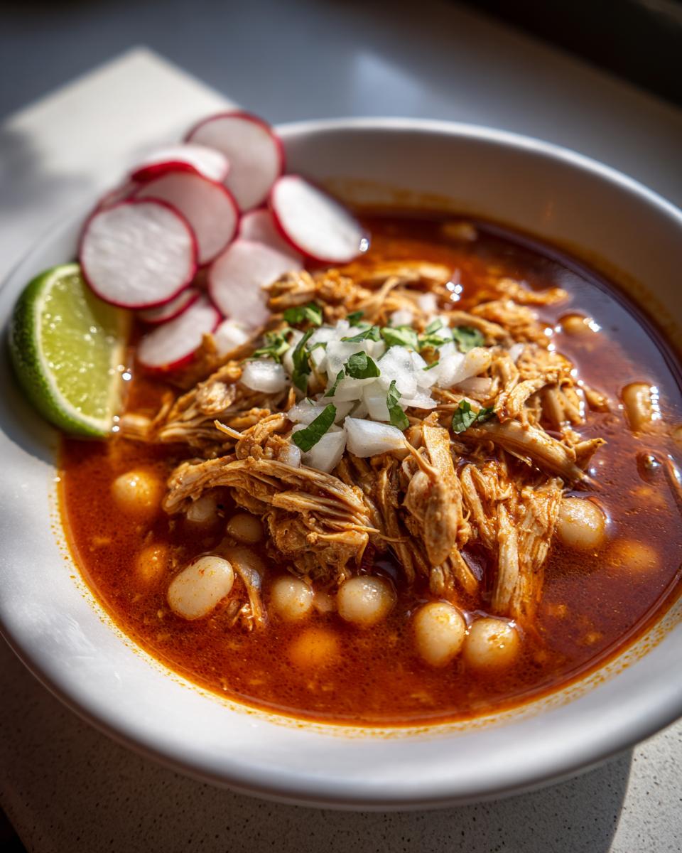 Close-up of a bowl of rich red chicken pozole with hominy, topped with onions and served with radishes and a lime wedge.