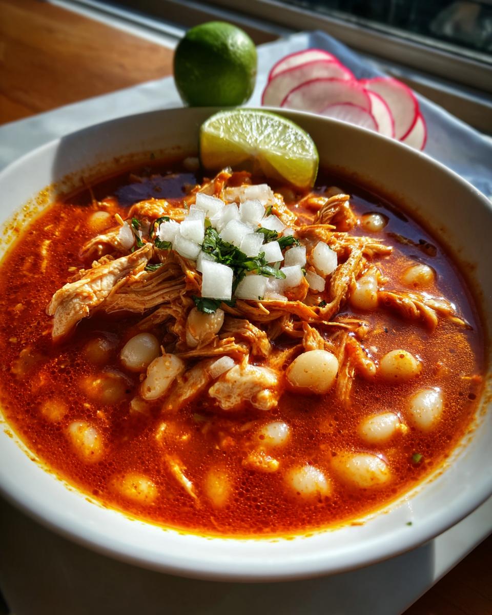 Close-up of a steaming bowl of red chicken pozole, topped with shredded chicken, hominy, diced onion, and a lime wedge.