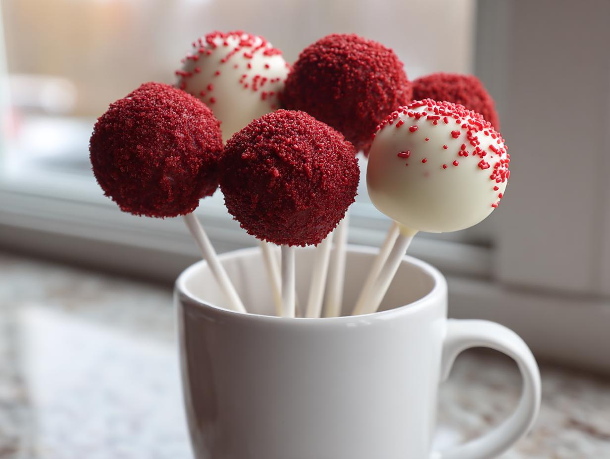 A bouquet of red velvet cake pops, some coated in red crumbs and others in white chocolate with red sprinkles, displayed in a white mug.
