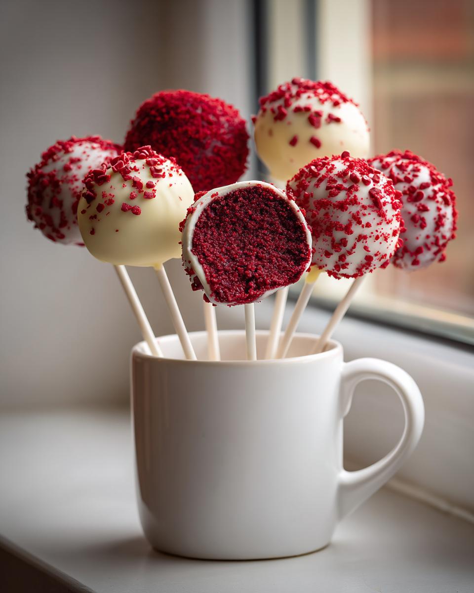 A bouquet of red velvet cake pops, some dipped in white chocolate and red sprinkles, displayed in a white mug.