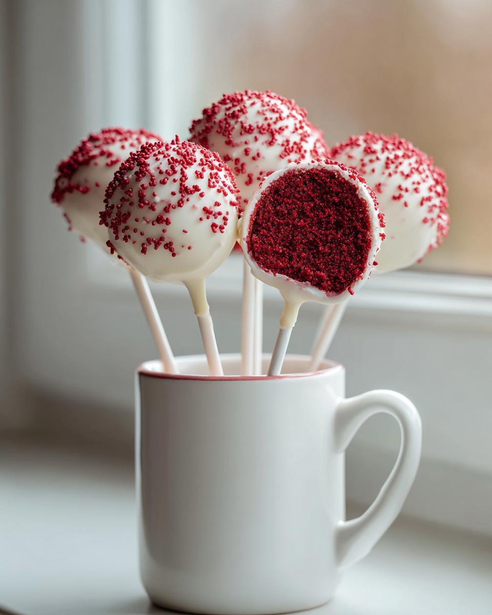 Five red velvet cake pops dipped in white chocolate and covered in red sprinkles, displayed in a white mug.