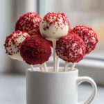 A bouquet of homemade red velvet cake pops, some coated in white chocolate and red sprinkles, displayed in a white mug.
