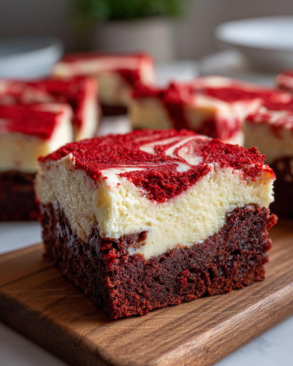 A thick square of red velvet cheesecake brownies showing the dense red layer and creamy cheesecake swirl topping.