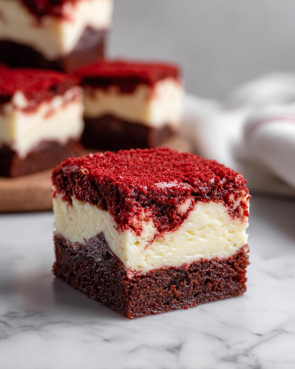 A close-up of a single, perfectly cut red velvet cheesecake brownie square showing distinct layers.