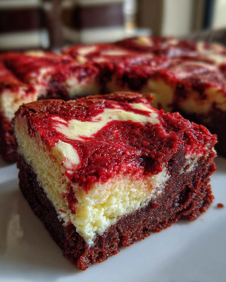 A close-up view of a single, rich red velvet cheesecake brownies square showing the distinct layers.