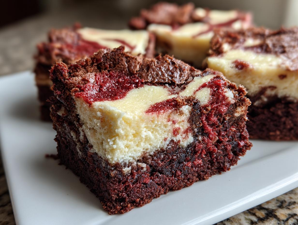 A close-up of a rich red velvet cheesecake brownie square showing the marbled red, white, and dark chocolate layers.