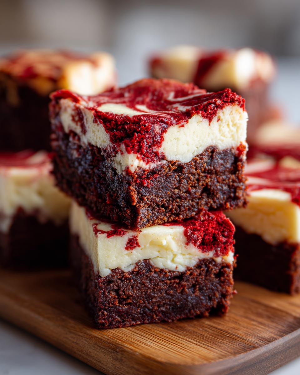 Two stacked, rich red velvet cheesecake brownies showing dark chocolate base and creamy white/red swirl topping.