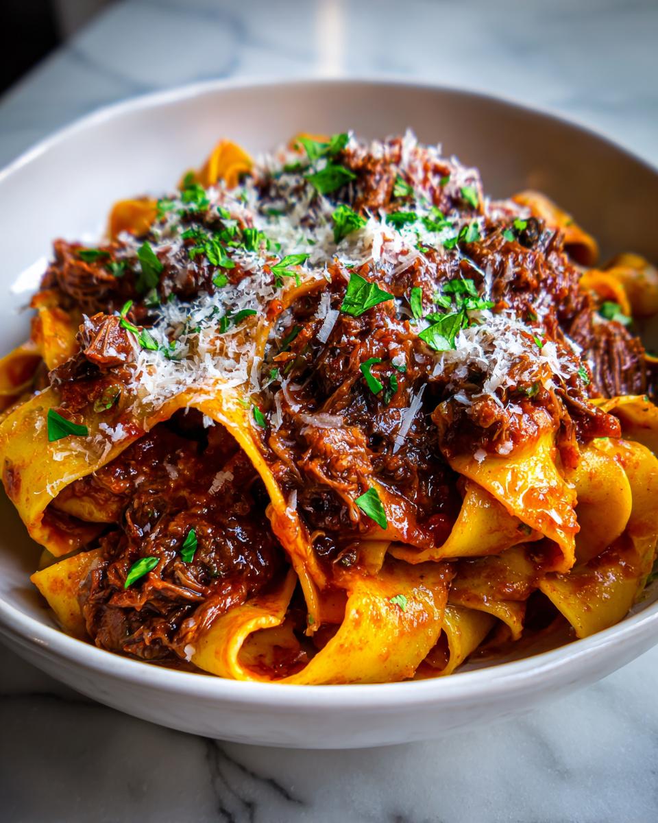 Close-up of wide pappardelle pasta topped generously with rich, slow-cooked beef ragu, grated Parmesan, and fresh parsley.