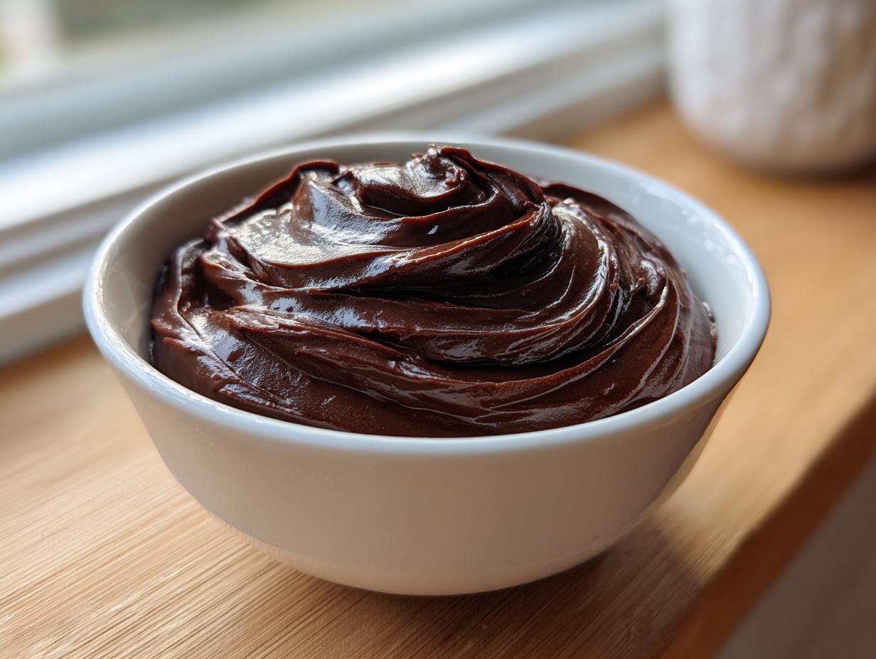 A close-up of thick, glossy chocolate fondue swirled high in a small white bowl.