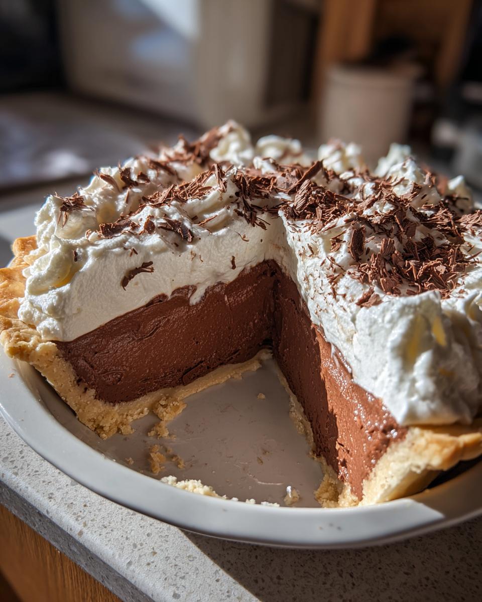 A close-up of a decadent french silk pie with a slice removed, showing the thick chocolate filling and whipped cream topping with chocolate shavings.