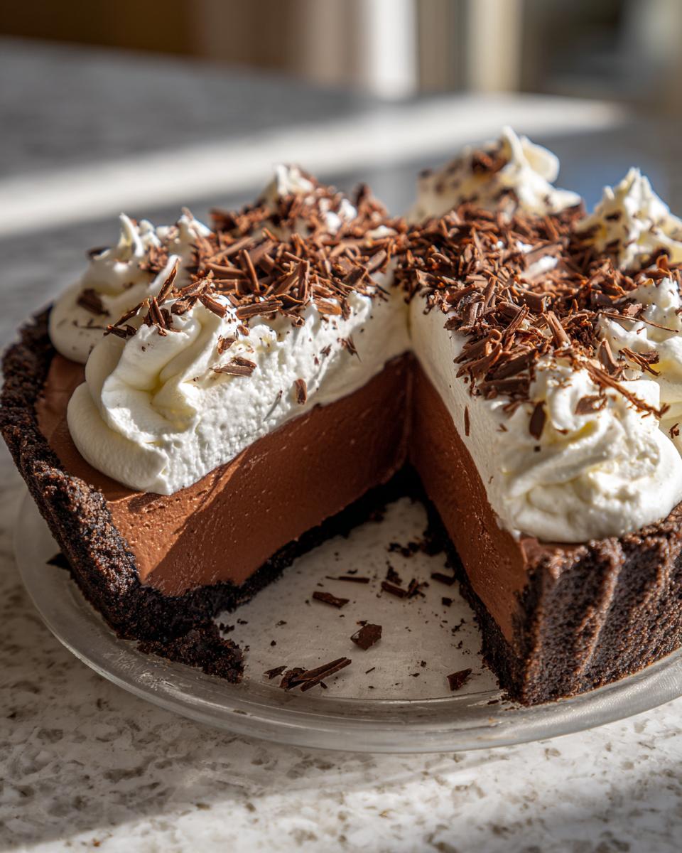 A slice removed from a rich french silk pie showing the thick chocolate filling, topped with whipped cream dollops and chocolate shavings.