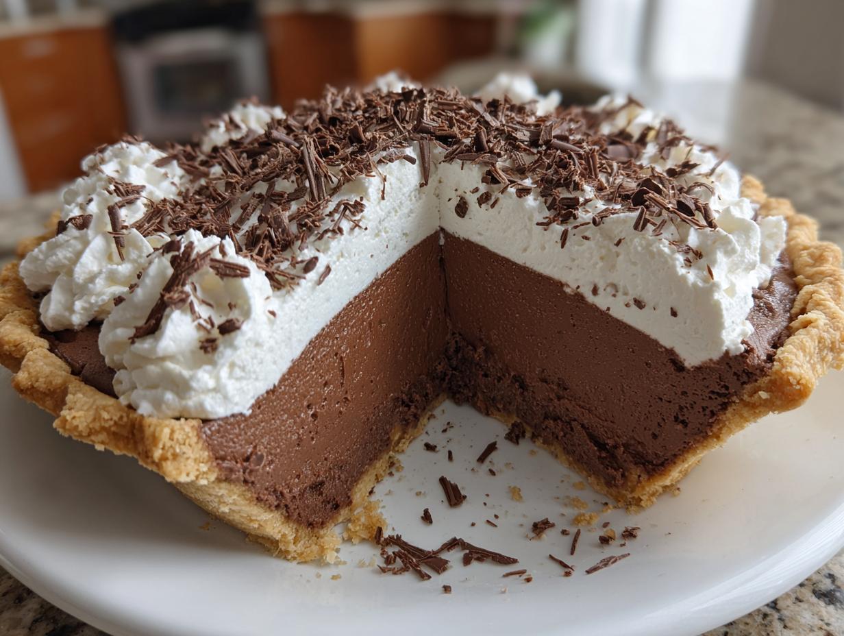 A slice removed from a decadent french silk pie showing the thick chocolate filling and whipped cream topping.