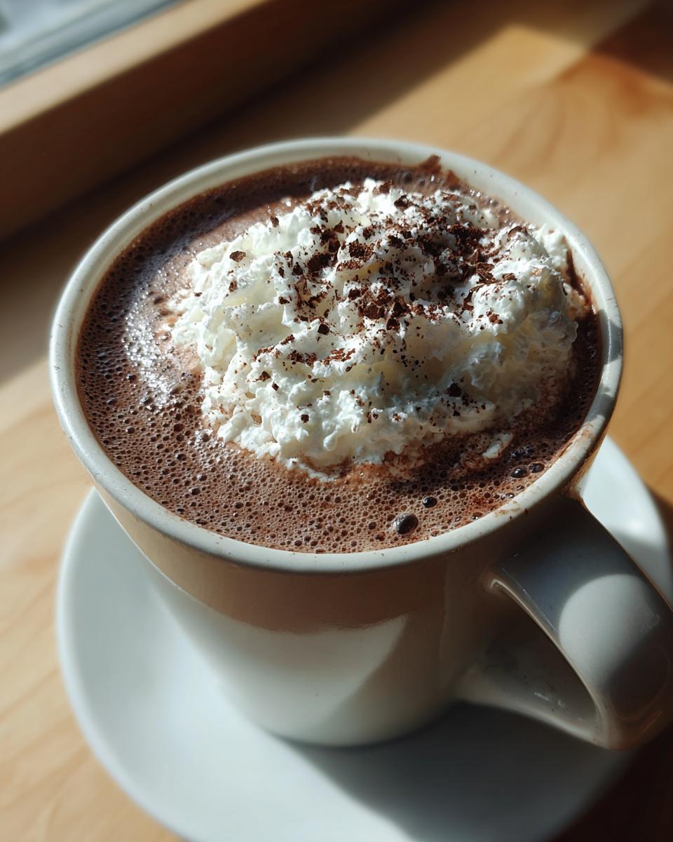 Close-up of a mug filled with rich homemade hot cocoa, topped with a generous swirl of whipped cream and chocolate shavings.