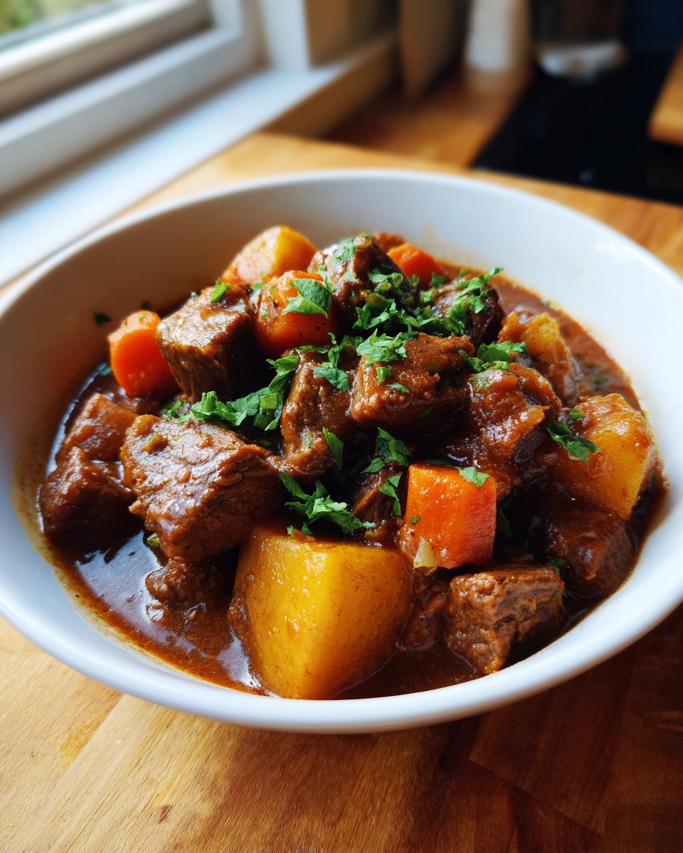 A close-up of a white bowl filled with rich, dark pork stew chunks, potatoes, and carrots, garnished with fresh parsley.