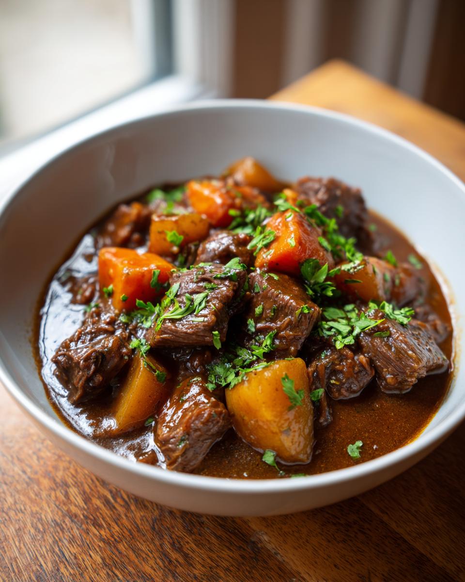 Close-up of a hearty bowl of rich, dark pork stew with chunks of meat and potatoes, garnished with fresh parsley.