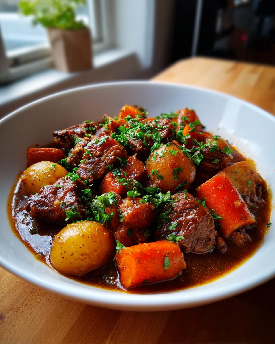 Close-up of a hearty bowl of rich, dark pork stew with whole small potatoes, carrots, and fresh parsley garnish.