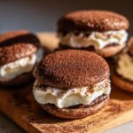 Close-up of decadent tiramisu cookies filled with white cream and dusted heavily with cocoa powder.