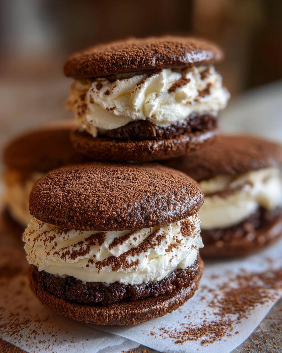 Close-up of decadent tiramisu cookies, featuring dark chocolate rounds filled with whipped cream and dusted heavily with cocoa powder.