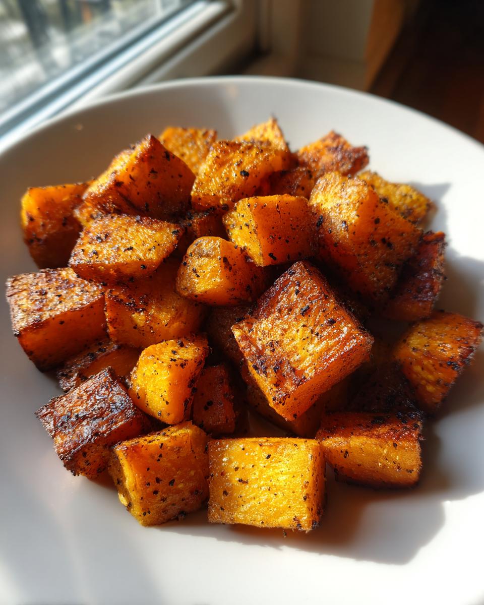 Close-up of perfectly seasoned and caramelized roasted butternut squash cubes in a white bowl.