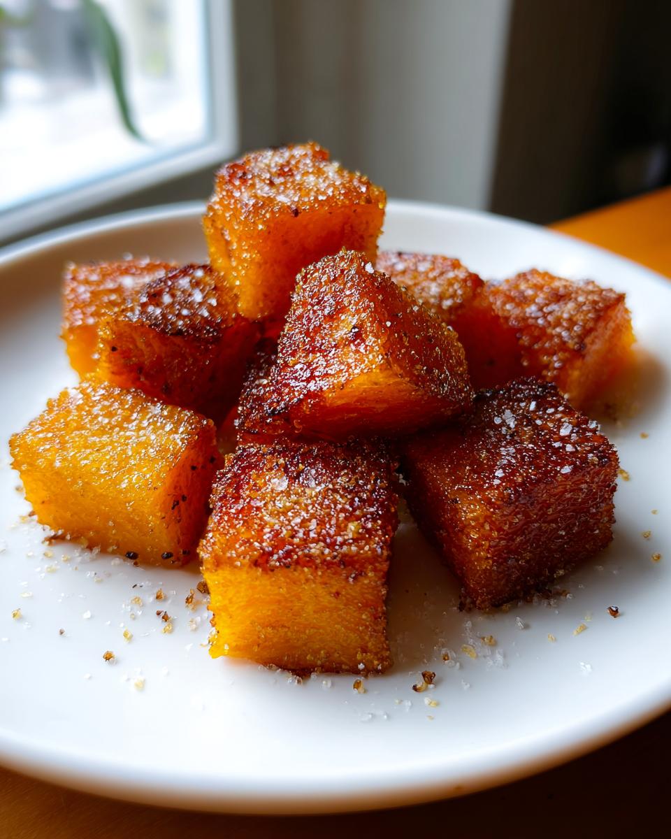 Close-up of caramelized, roasted butternut squash cubes sprinkled with coarse salt on a white plate.