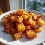 A close-up of perfectly seasoned roasted butternut squash cubes piled on a white plate.