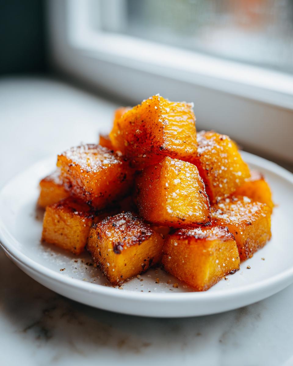 Close-up of caramelized, roasted butternut squash cubes sprinkled with salt and pepper on a white plate.