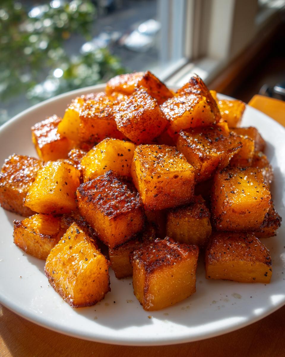 Close-up of perfectly caramelized roasted butternut squash cubes seasoned with pepper on a white plate.