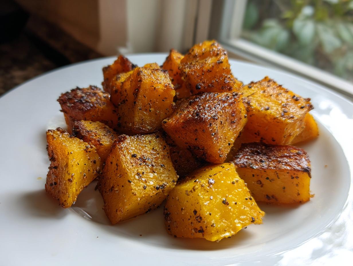Close-up of golden brown roasted butternut squash cubes seasoned with pepper on a white plate.