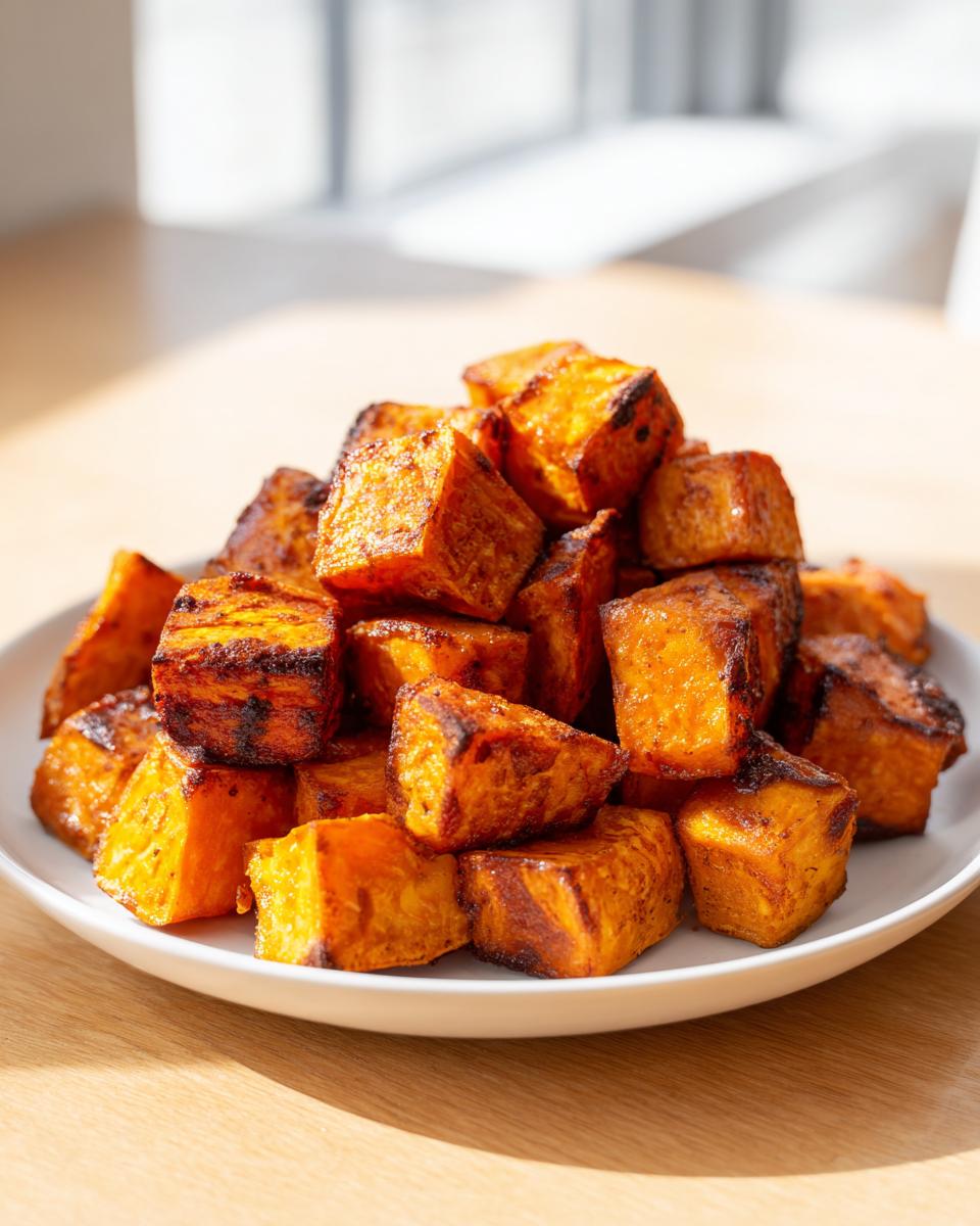 A mound of perfectly caramelized and slightly charred roasted sweet potatoes cubes piled high on a white plate.