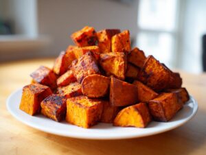 A mound of perfectly seasoned and caramelized roasted sweet potatoes cubes piled high on a white plate.