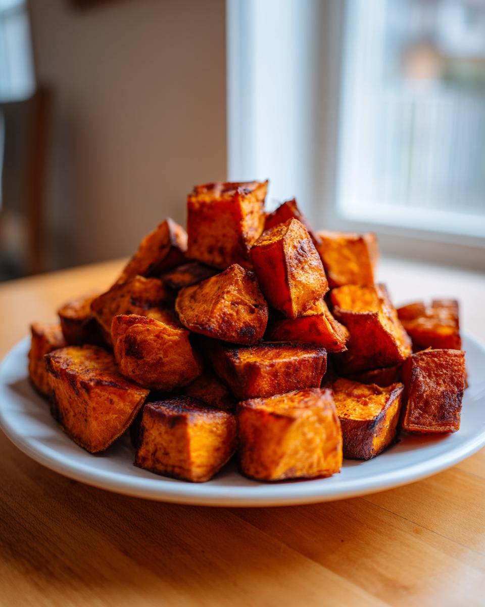A pile of perfectly caramelized, cubed roasted sweet potatoes served on a white plate.
