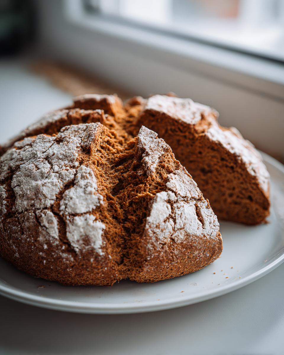 A freshly baked, dark brown soda bread with a cracked, flour-dusted crust, sitting on a white plate.